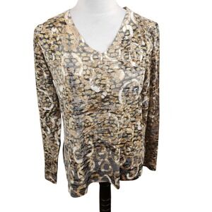 Before Again Sundance Women's Medium V Neck Top Gray Gold Abstract Print Tee‎